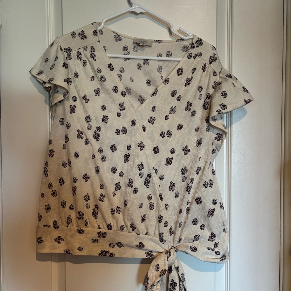 LOFT Cream Top with Purple Floral Print